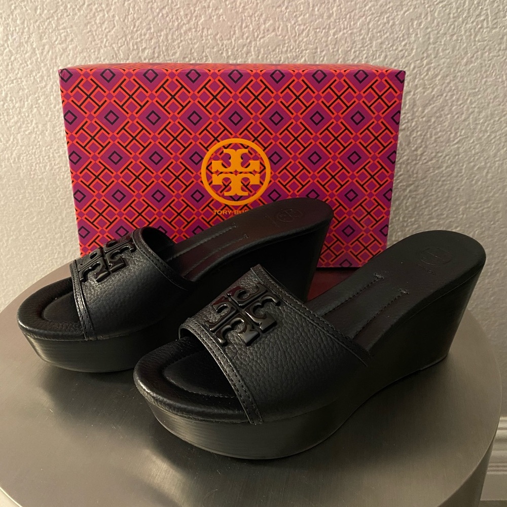 NEW Tory Burch black leather slide wedge sandals